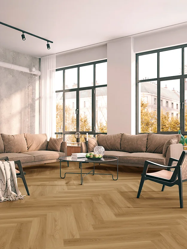 Enia_strix_oaknatural_32450-200_laminaatxxl_sfeer Enia Strix Walvisgraat (Oak Natural) — Oak Naturel - Afbeelding 2